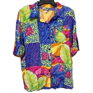 Vintage 80's Sea Suns Colorful Tropical Floral Short Sleeve Button Down Top